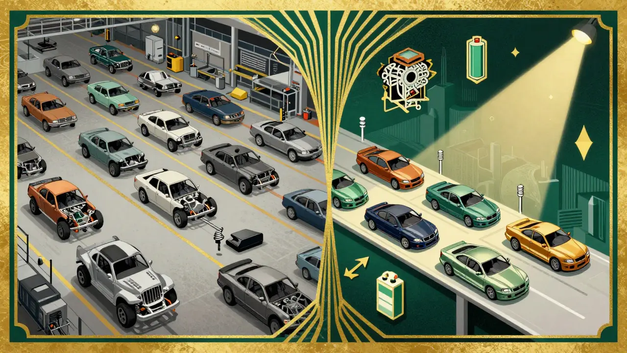 Сравнение устаревшего и современного автопроизводства в стиле ар-деко с модульными компонентами.