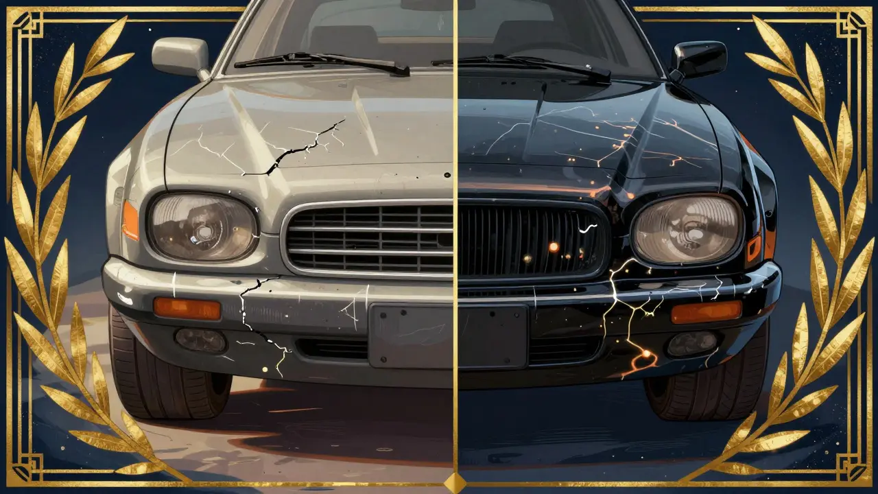 Сравнение выцветшего пластика и восстановленного в глянцевом черном цвете с молекулярной защитой.