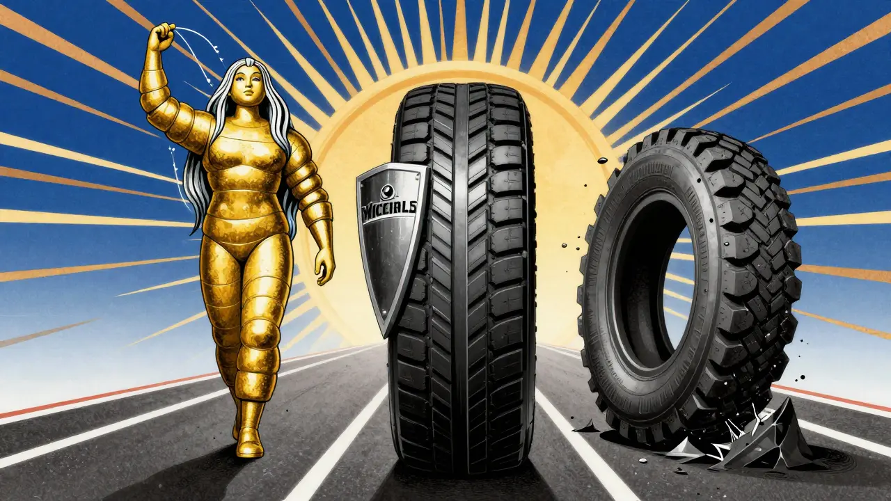 Три фигурки шин в стиле ар-деко: премиальные и бюджетные, сравниваются на мокрой трассе с визуализацией шума и торможения.