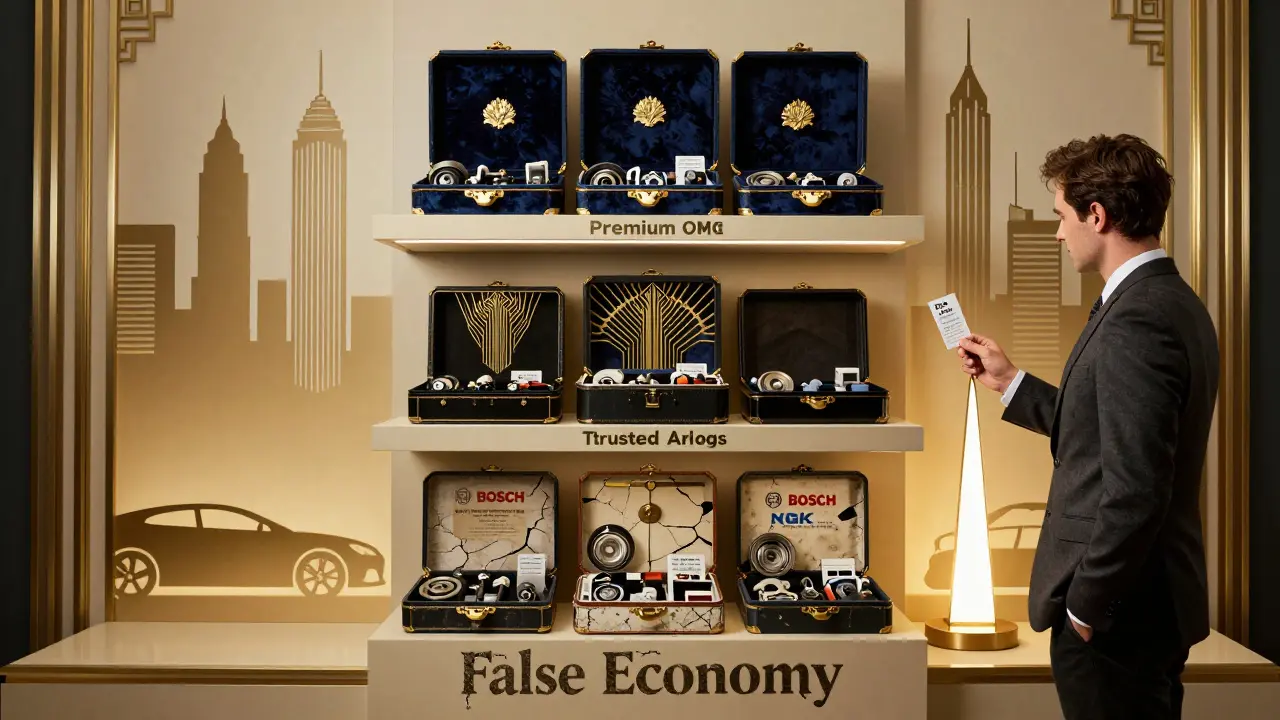 Три уровня автозапчастей: премиум, качественные аналоги и подделки, изображены в стиле ар-деко с геометрическими узорами.