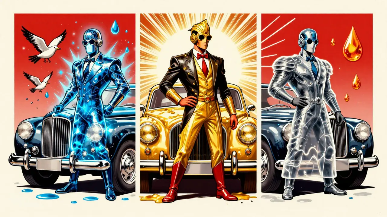 Три защитных слоя для авто: керамика, воск и плёнка, изображённые как герои в стиле ар-деко.