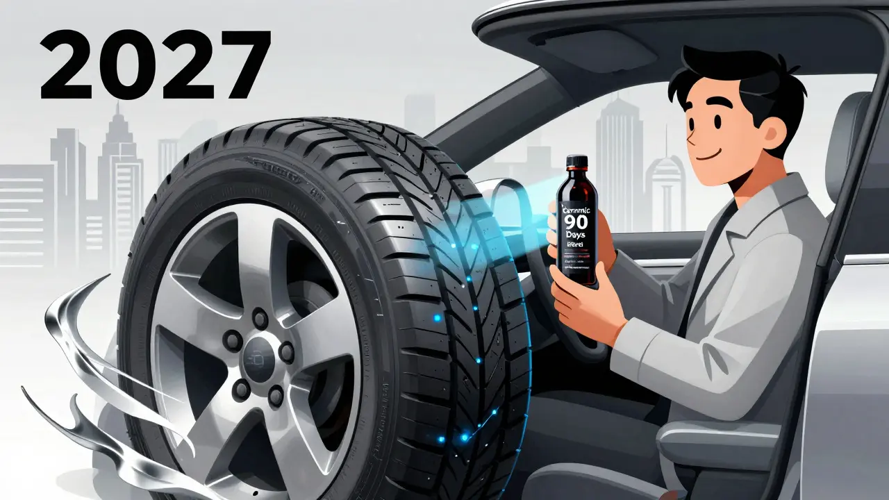 Умная шина с датчиками и самовосстанавливающимся покрытием в стиле будущего ар-деко.