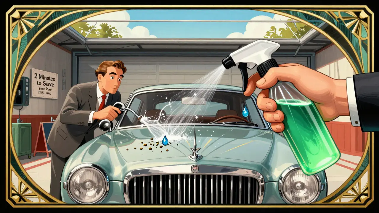 Владелец автомобиля аккуратно удаляет птичий помет минеральной водой, в стиле ар-деко.