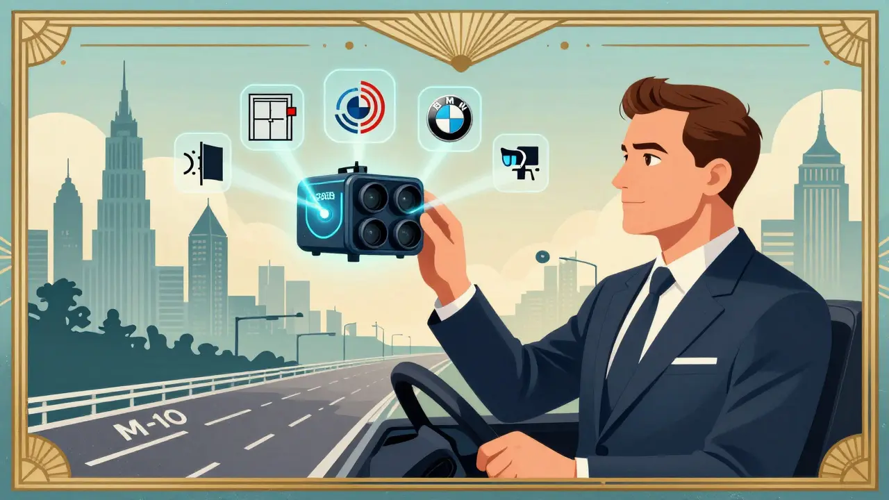 Водитель фильтрует ложные сигналы радара с помощью ADR Sens, вокруг — магазинные двери и автомобили с круиз-контролем.