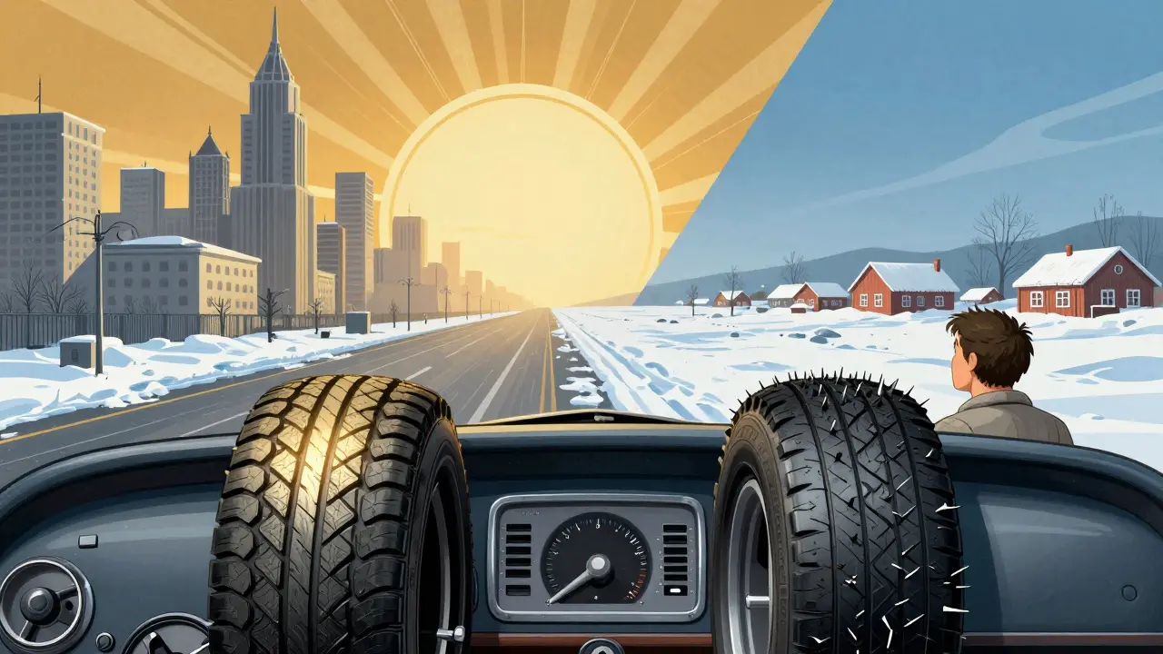 Водитель смотрит на два типа шин на приборной панели — город и тундра разделены солнечным лучом в стиле ар-деко.