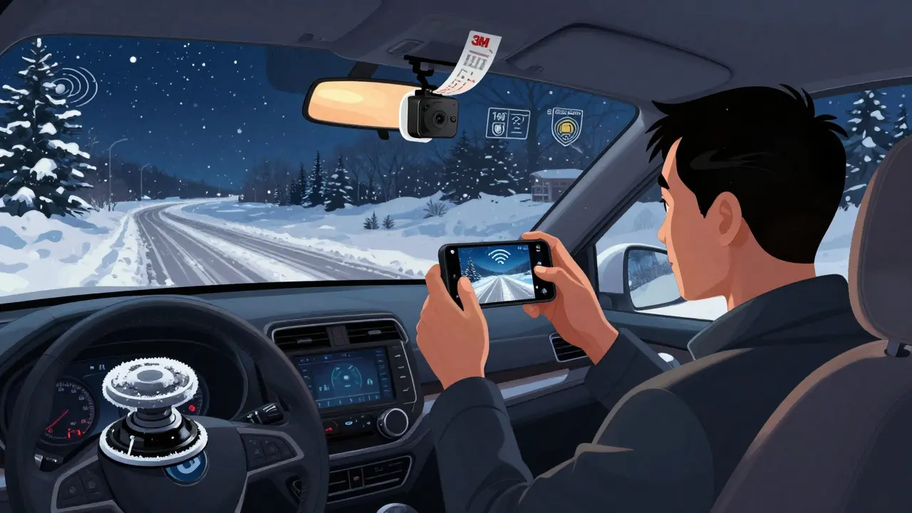 Водитель смотрит запись на телефоне, регистратор надёжно закреплён скотчем на тёплом стекле, зимняя дорога за окном.