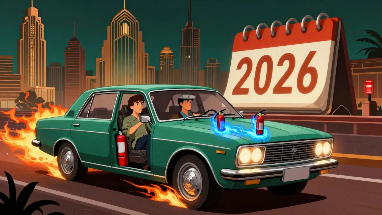 Автомобиль с двумя огнетушителями, активированными при пожаре, в стиле ар-деко.