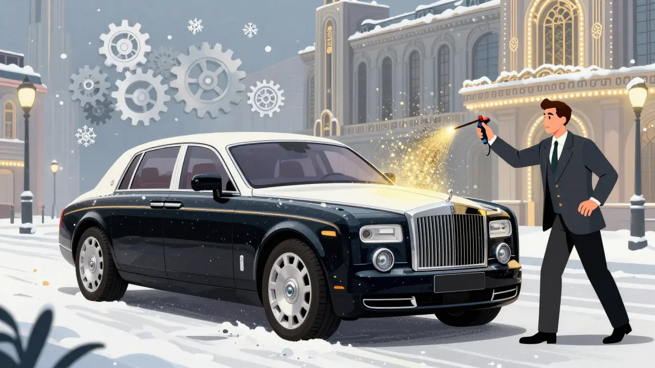 Автомобиль с защитным покрытием днища в снежном городе, золотые частицы поднимаются в воздух.