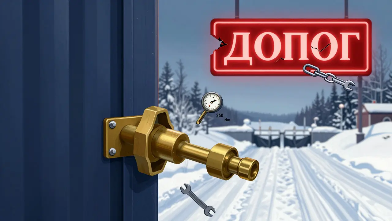 Детализированный замок контейнера с инструментами и предупреждением ДОПОГ в стиле ар-деко.