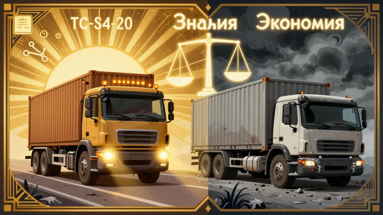 Два контейнеровоза: один в свете знаний, другой в тени нарушений — сравнение в стиле ар-деко.