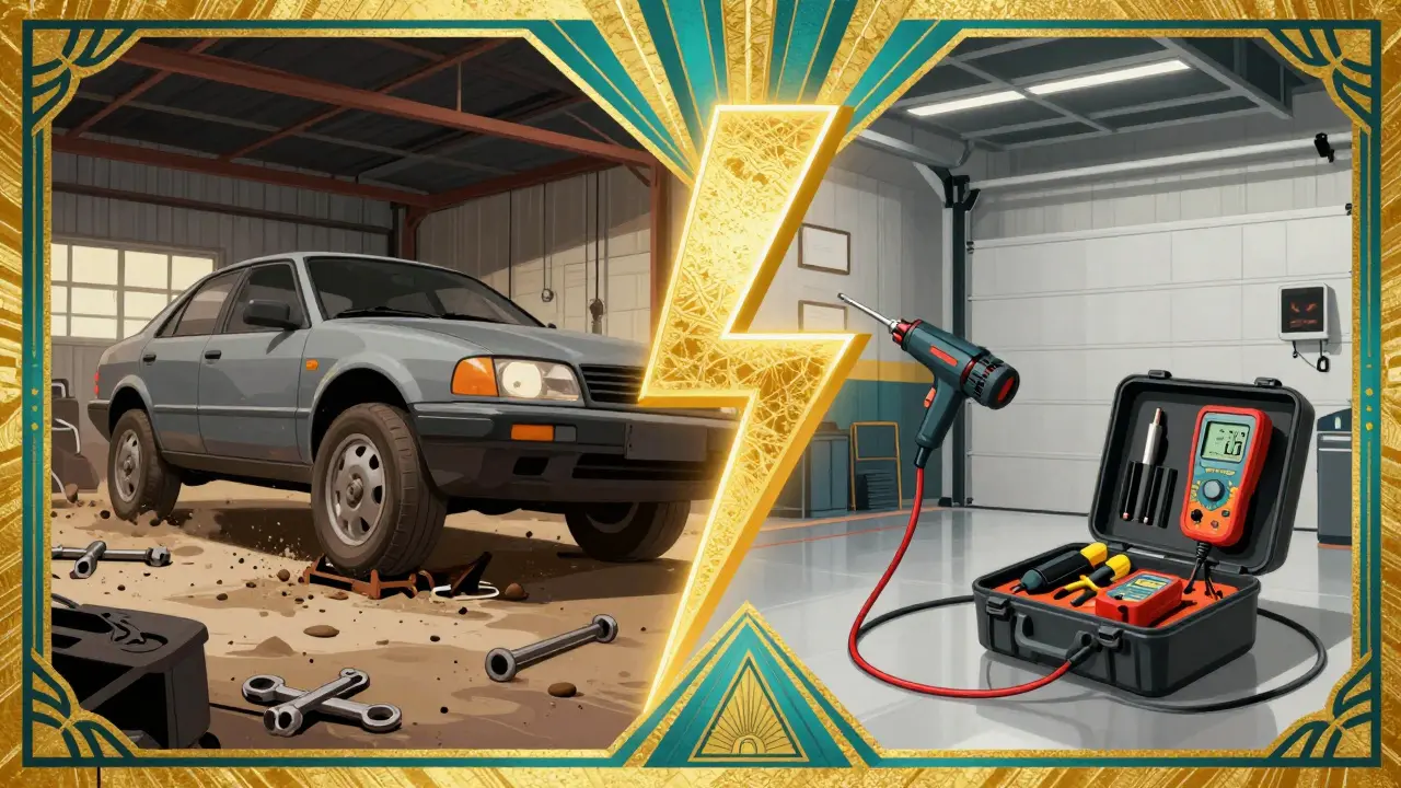 Два мира гаража: хаос с дешевыми инструментами слева и безопасная современная мастерская справа, разделенные молнией.