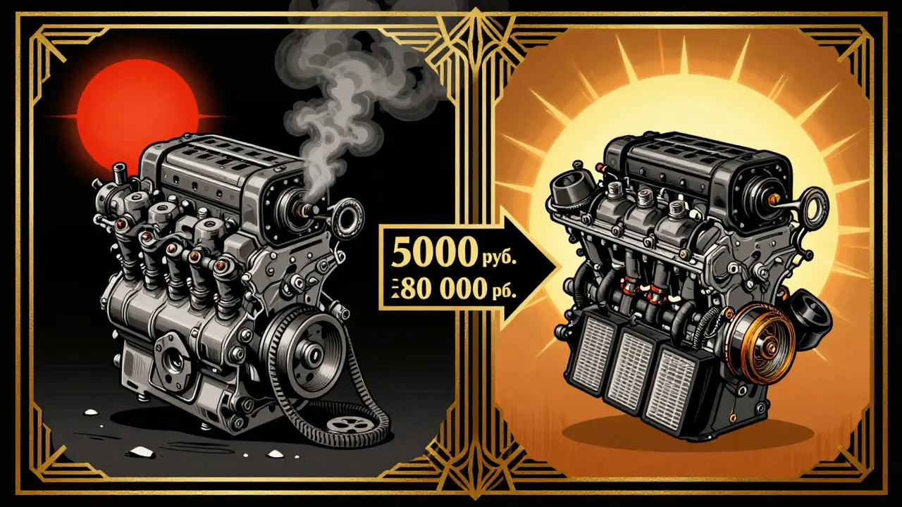 Два состояния двигателя: разрушенный и идеальный, разделённые надписью о стоимости ремонта.