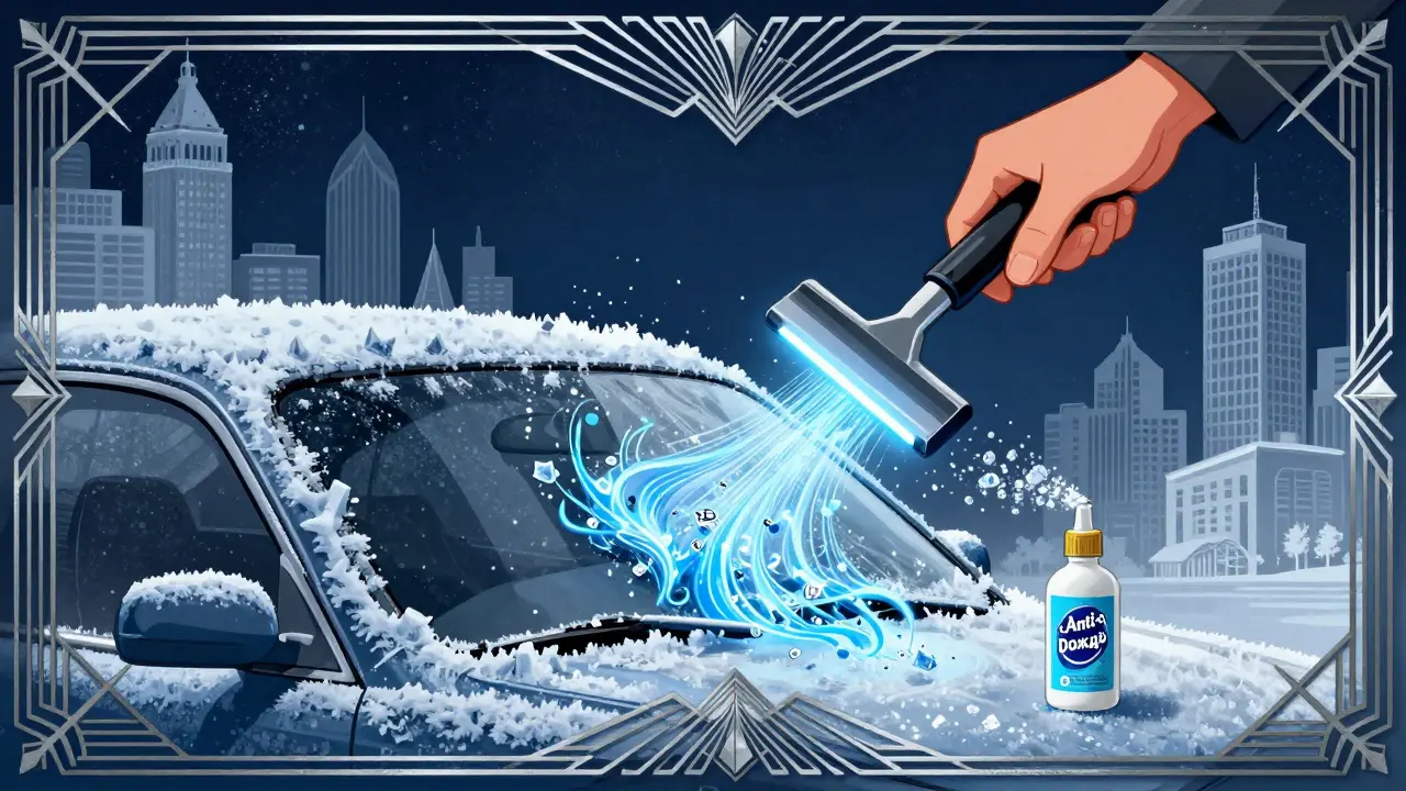 Электрический скребок и спрей против обледенения удаляют лед с лобового стекла.