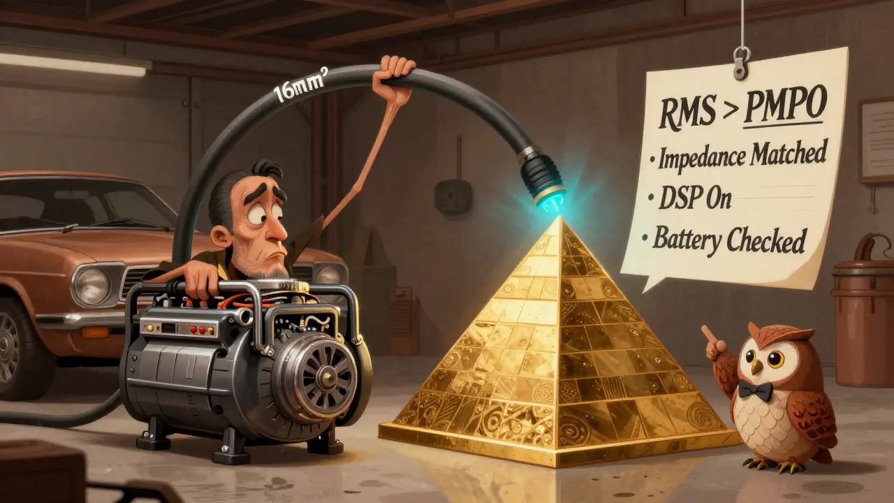 Генератор автомобиля в виде уставшего существа получает питание от умного усилителя в стиле ар-деко.