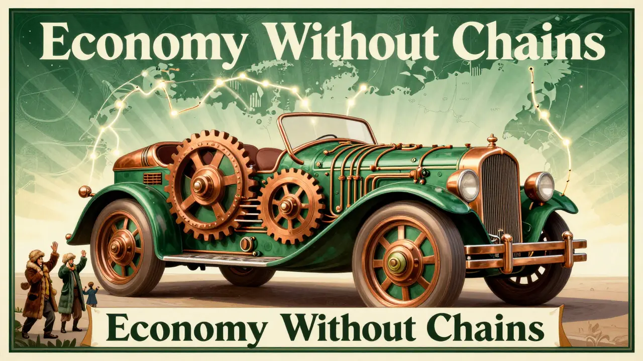 Гигантский гибридный автомобиль в виде героя ар-деко, прокладывающий светящиеся маршруты по карте России.