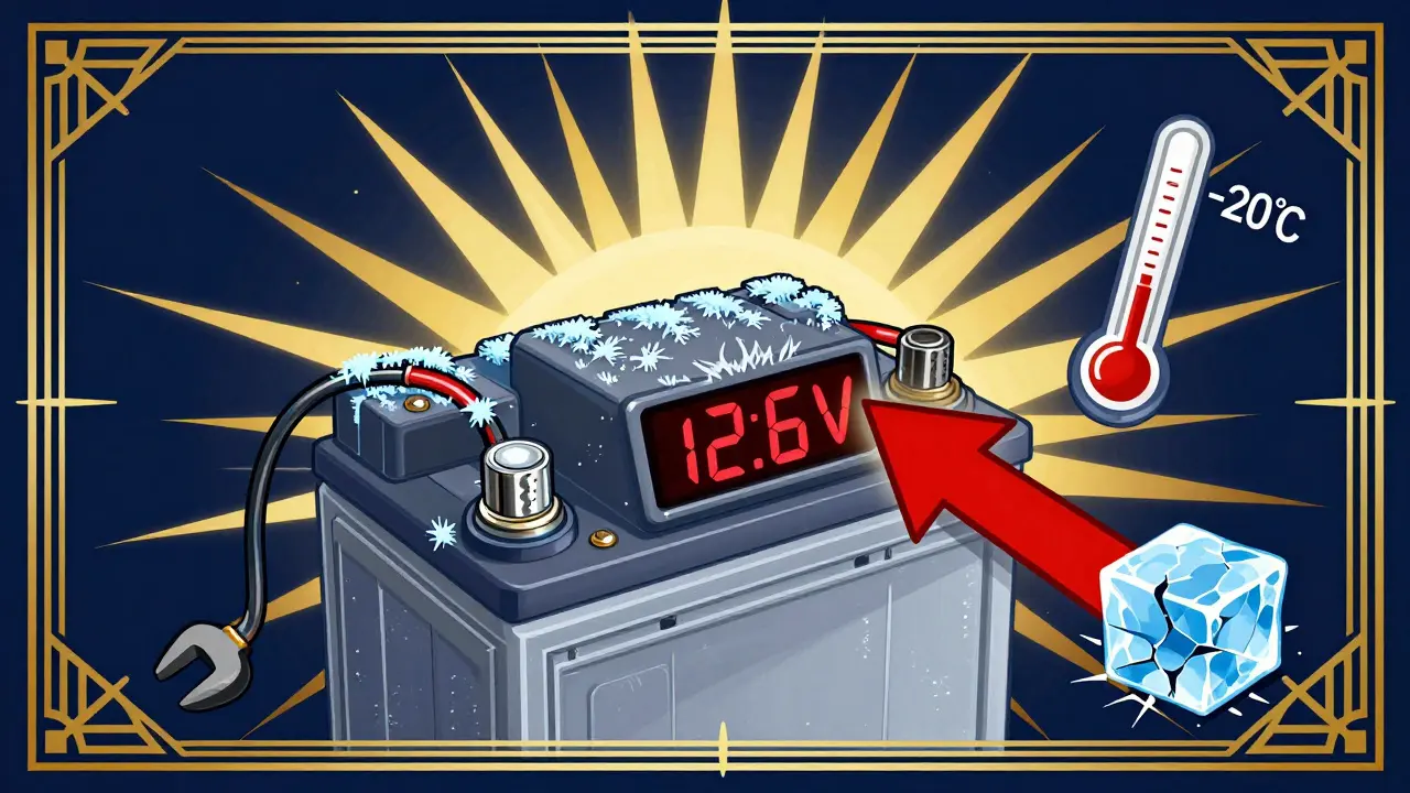 Глянцевый аккумулятор с подсветкой и индикатором напряжения на фоне морозных узоров.
