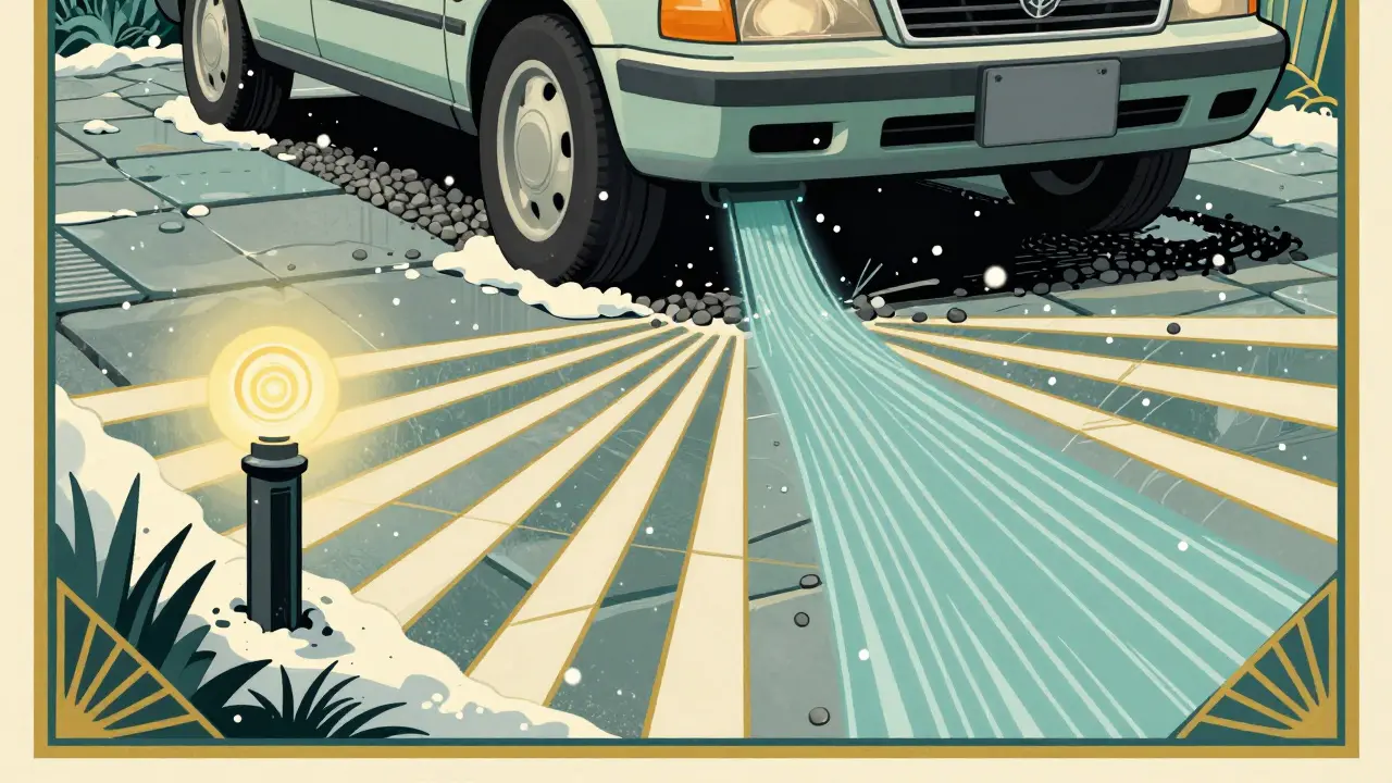 Гравийная подложка под машиной с дренажем и отпугивателем птиц в стиле арт-деко.