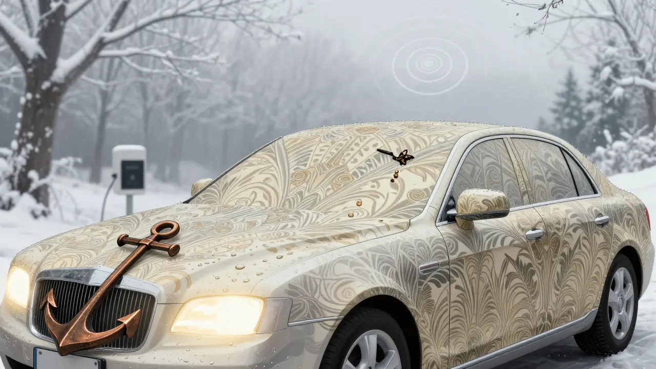 Качественный чехол с декоративными креплениями и каплями воды, отталкивающими помёт.