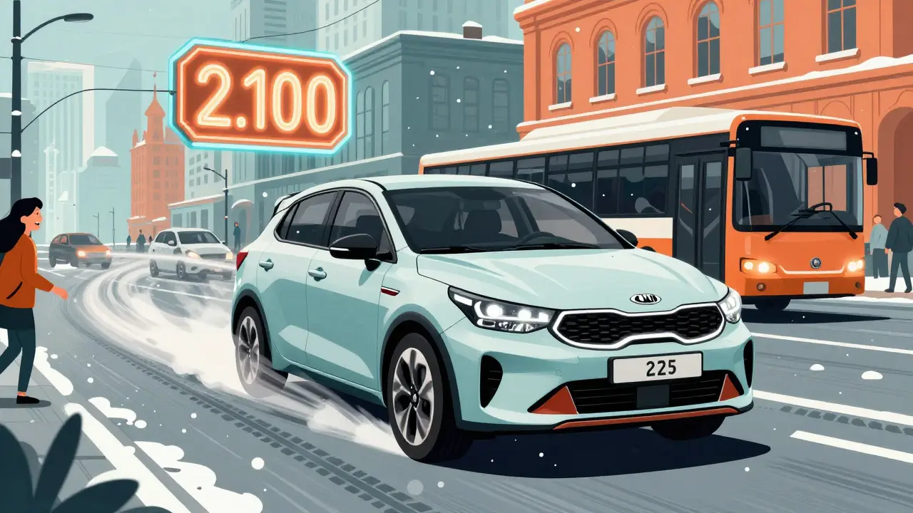 Kia Rio GT 2025 weaving through a snowy Russian city, with neon price tag and smiling pedestrians.