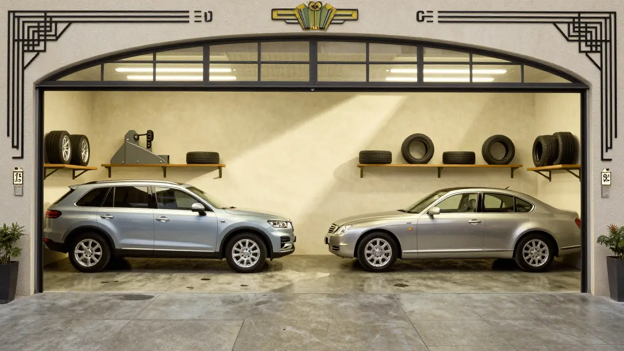 Машины стоят лицом друг к другу в просторном гараже с высокими воротами и наклонным полом, оформленный в стиле ар-деко.