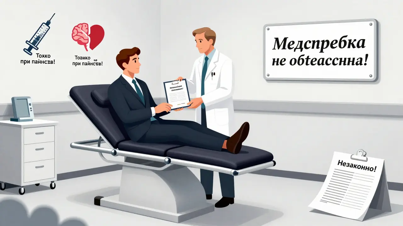 Медосмотр в стиле ар-деко с подписью: справка не обязательна при превышении скорости.