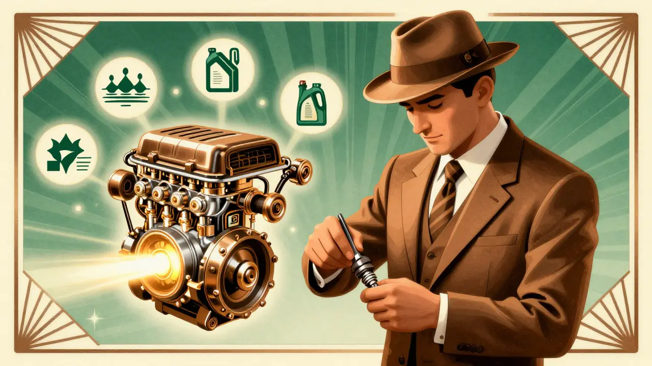 Механик меняет свечи зажигания, вокруг — символы чистого воздуха и топлива в геометрическом стиле.