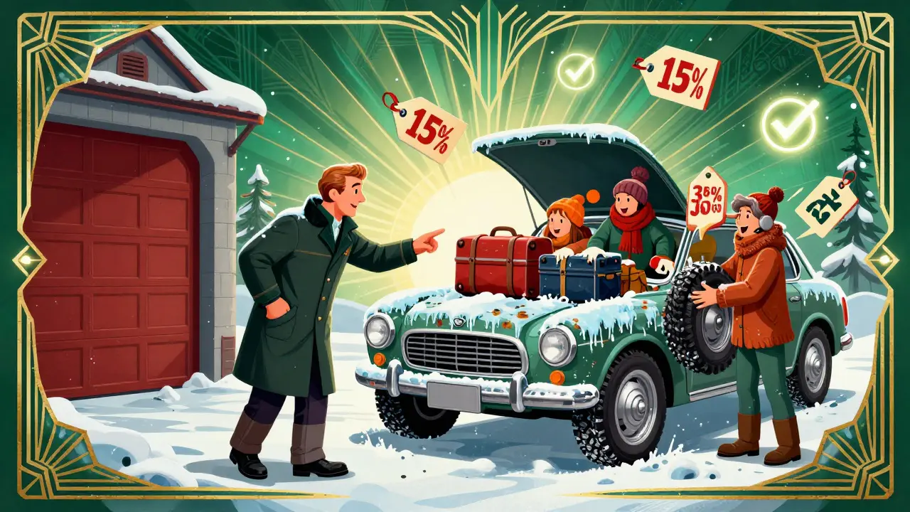 Механик показывает ржавчину под машиной, семья грузит багаж с зимними шинами.