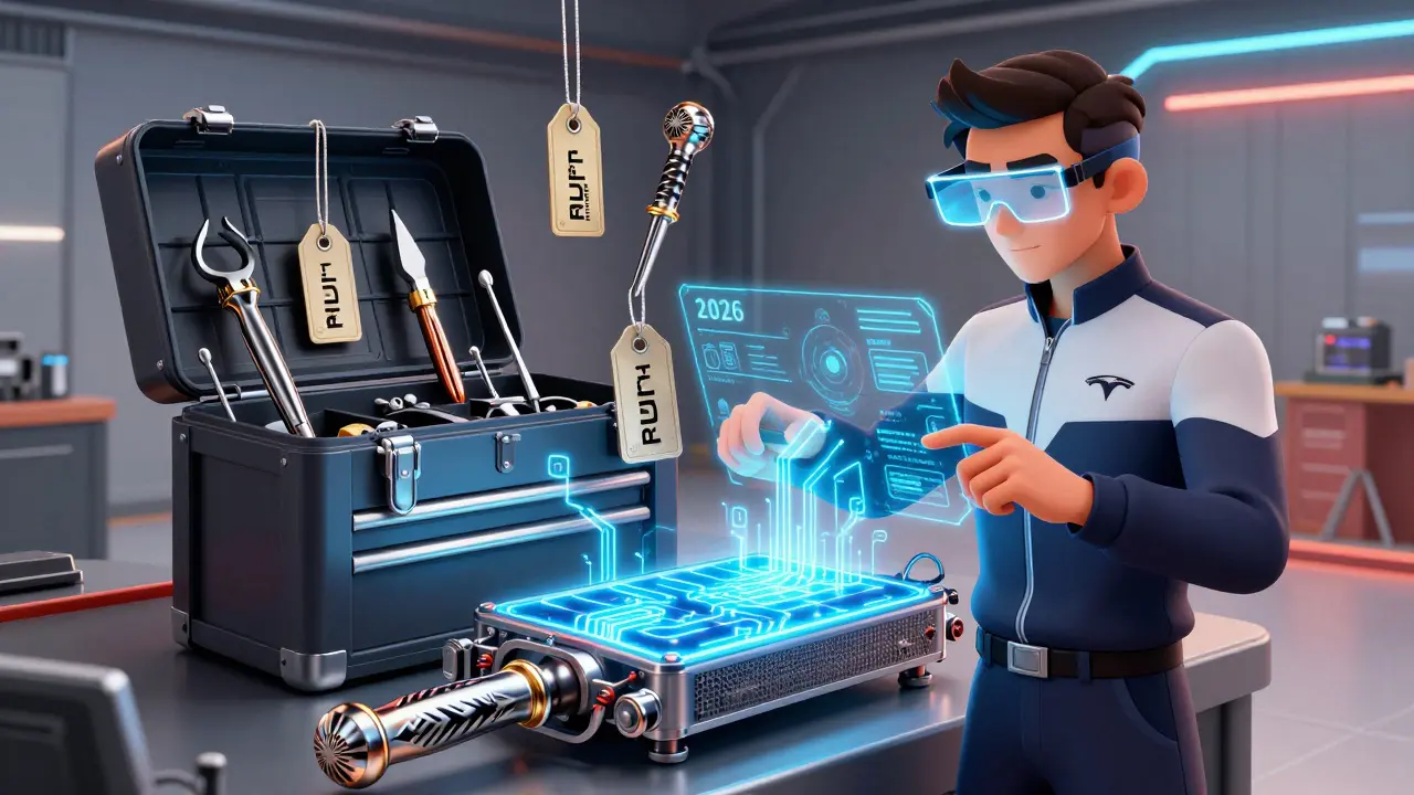 Механик в очках дополненной реальности работает с высоковольтной батареей электромобиля, инструменты парят в воздухе с RFID-метками.