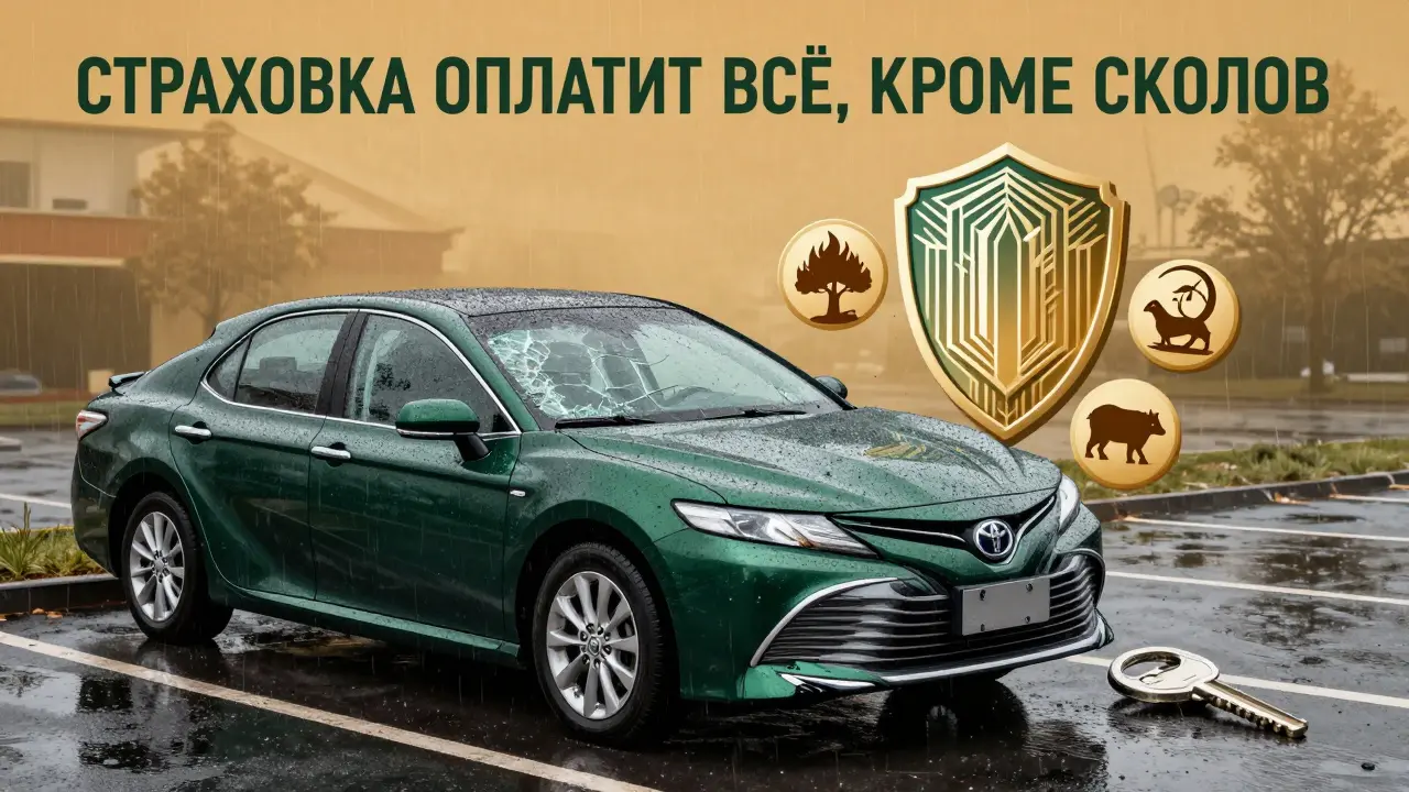 Поврежденная машина под градом и разбитым стеклом, с символами страховых случаев в стиле ар-деко.