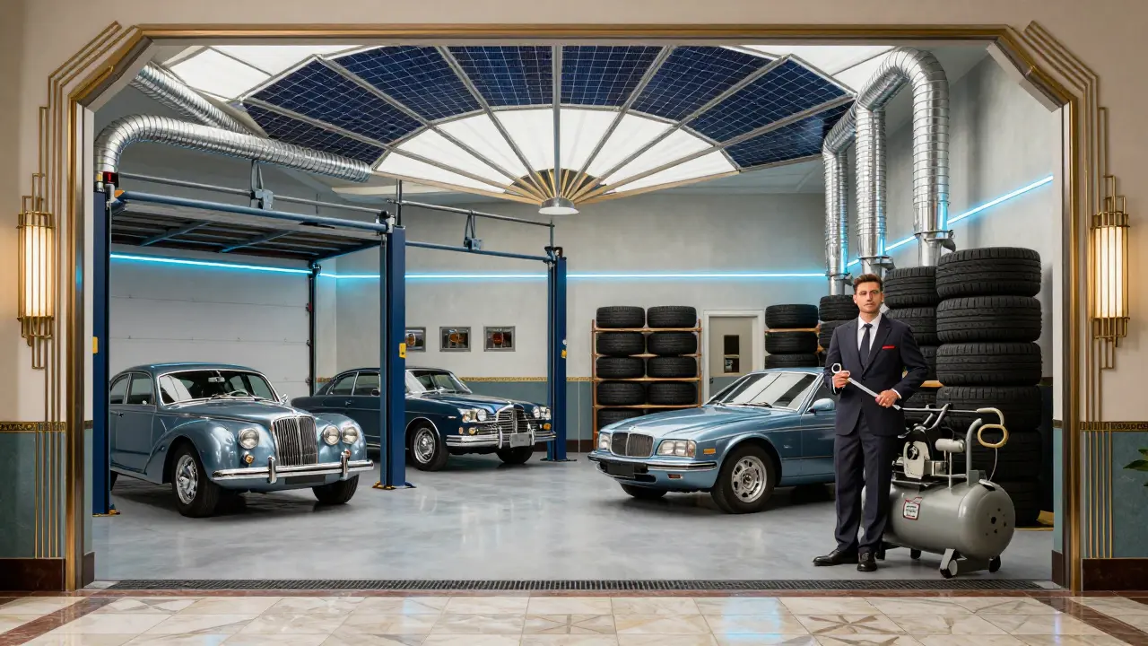 Просторный гараж с мастерской, солнечными панелями и хранением шин, оформленный в стиле ар-деко с геометрическими узорами.