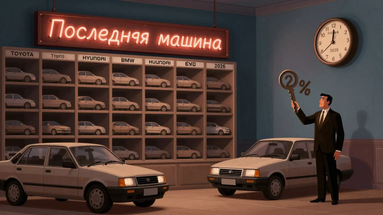 Пустой автосалон, одна Lada в углу, надпись 'Последняя машина', тень банкира с процентной ставкой.