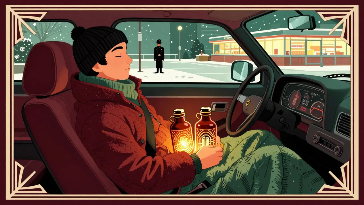 Путешественник спит в машине зимой в слоях одежды, рядом грелки, парковка магазина, снег за окном.