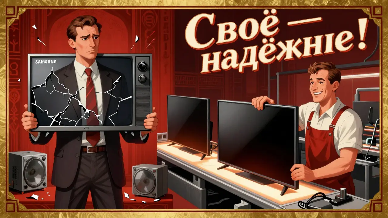 Разделённая сцена: сломанная техника слева, российская сборка справа