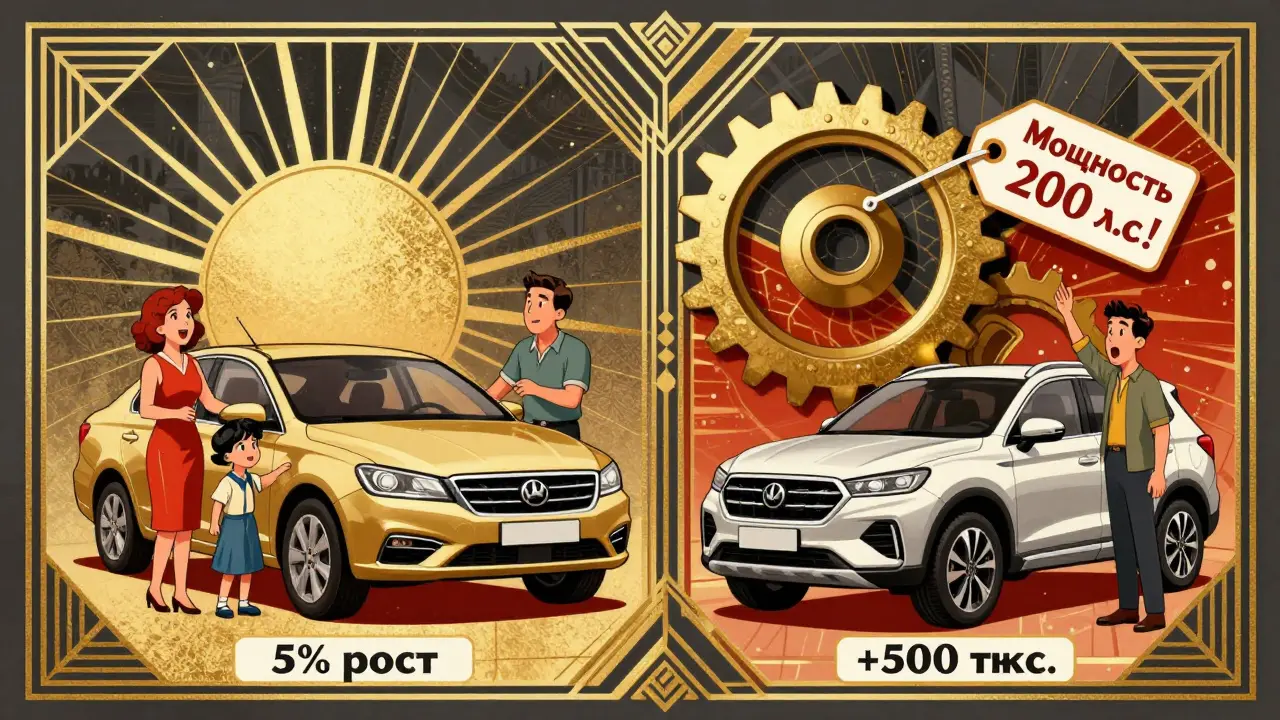 Разделённая сцена: спокойная покупка Lada слева, китайский внедорожник с гигантским сбором справа.