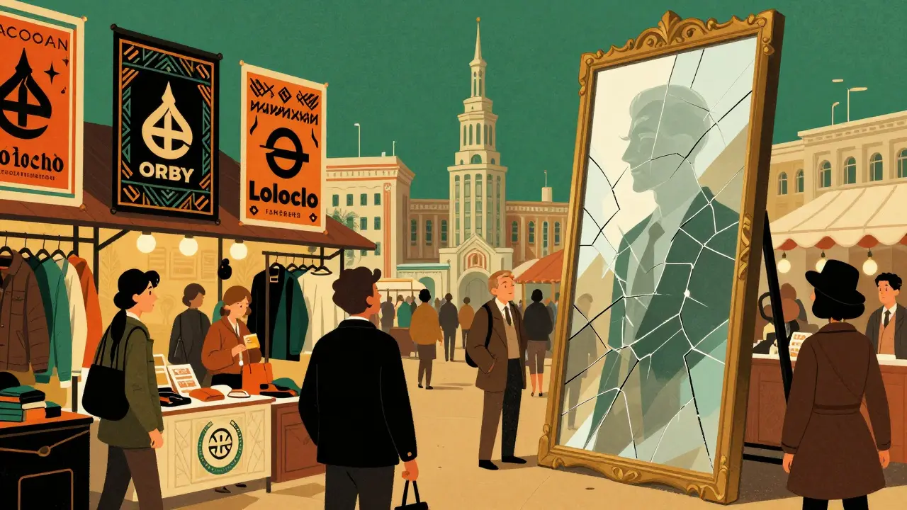 Российские бренды в ярких геометрических вывесках, покупатели осторожно осматривают одежду.