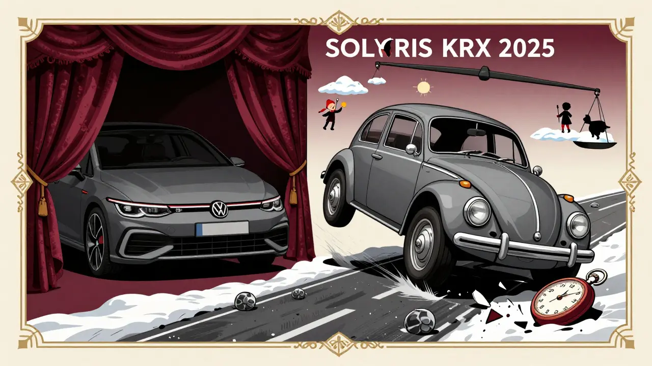 Solaris KRX 2025 climbing a snowy road while Golf R remains hidden behind a curtain, symbolizing comfort over speed.