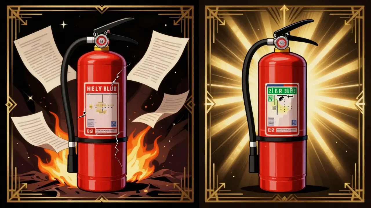Сравнение исправного и неисправного огнетушителя в стиле винтажной рекламы.