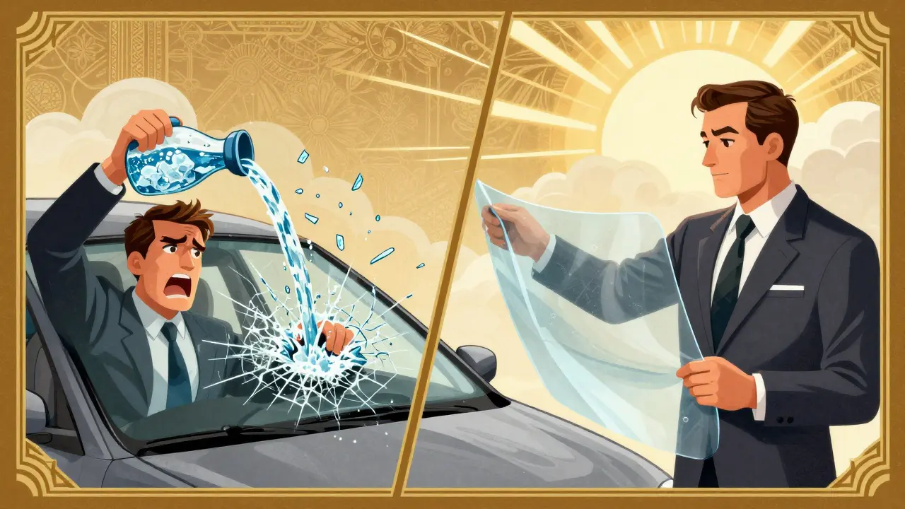 Сравнение: разрушительный кипяток против безопасной защитной пленки на стекле.