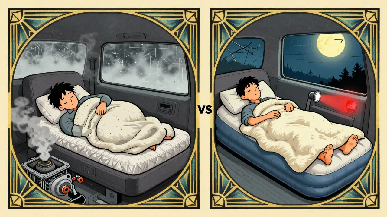 Сравнение: слева — неудобный сон с включенным мотором, справа — комфортный сон с проветриванием и безопасностью.