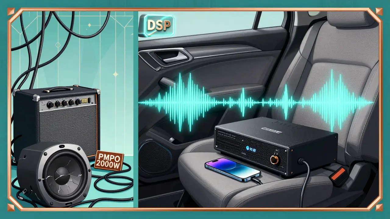 Сравнение: сломанная аудиосистема слева и идеально настроенная справа в стиле ар-деко.