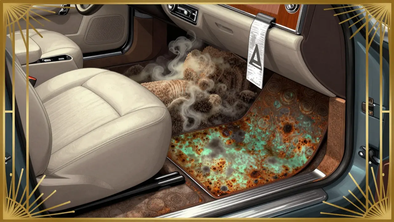 Внутри салона — чистота на вид, но под ковриками ржавчина и плесень.