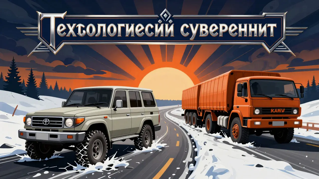 Заброшенные внедорожники на снегу, рядом — российские грузовики на фоне заката