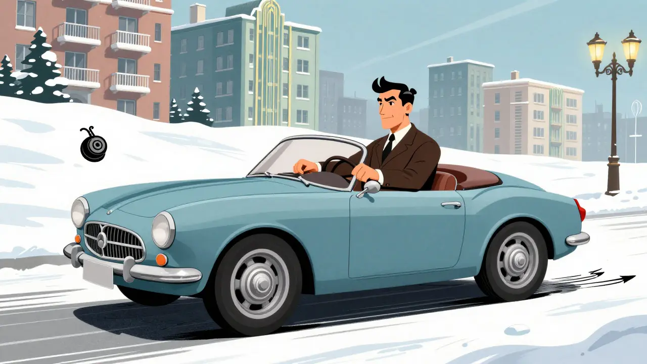 Автомобиль плавно трогается с подъема на снегу, колеса не пробуксовывают, за рулем уверенный водитель.