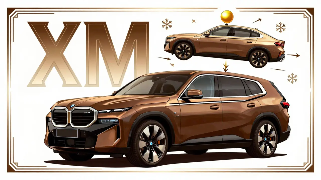 BMW XM устойчив на снегу с низким центром тяжести, BMW i5 кажется нестабильным, в центре — контраст массы и высоты.