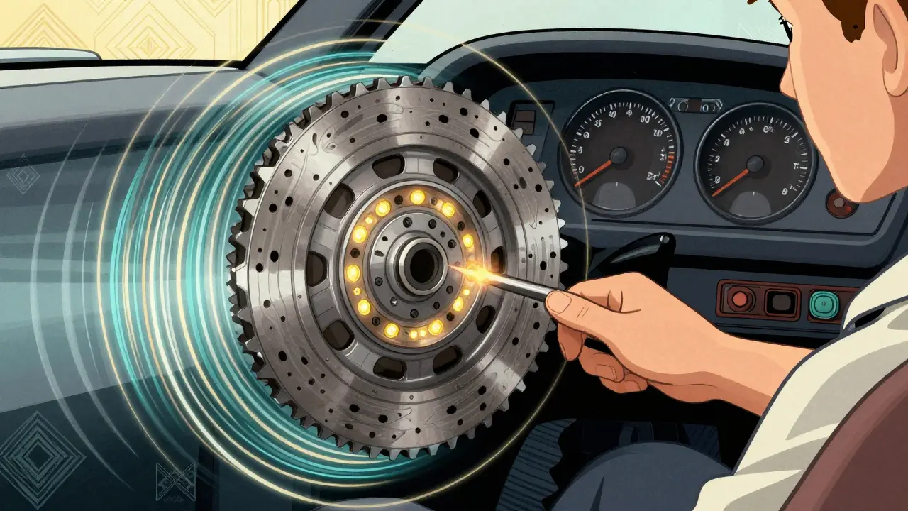 Детализированное изображение сцепления и маховика, вступающих в плавный контакт с золотыми волнами энергии.