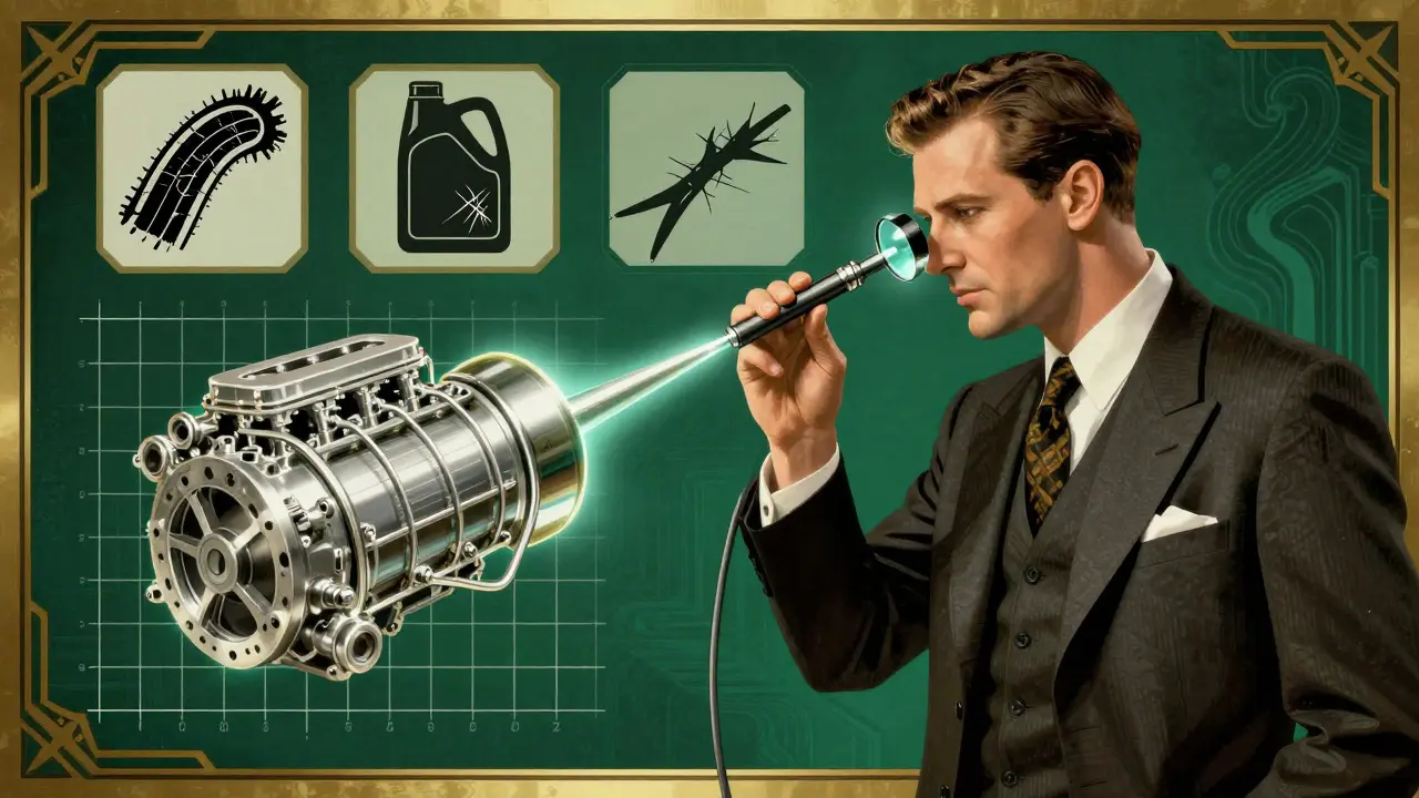 Эксперт с эндоскопом и масштабной сеткой, исследующий внутреннюю поверхность цилиндра в стиле ар-деко.