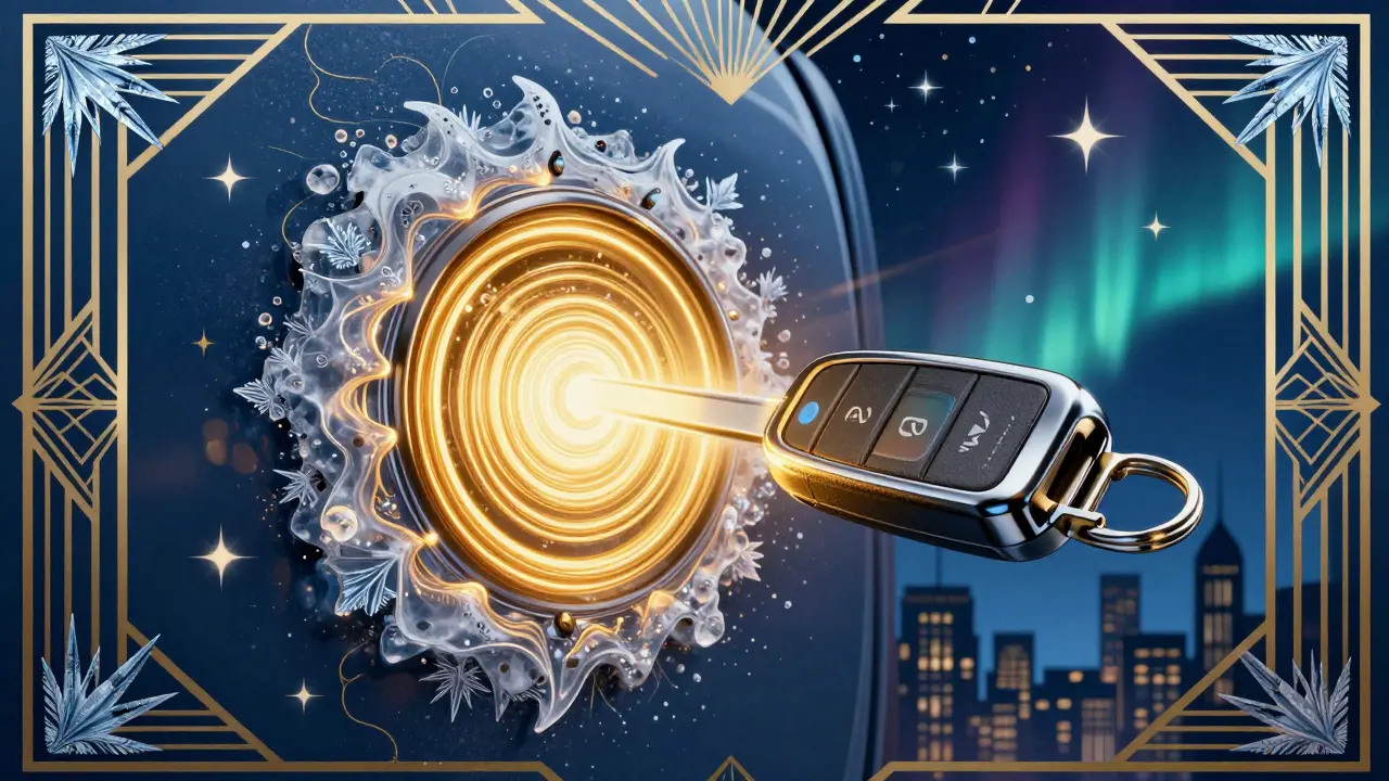 Электрический брелок нагревает замок, вызывая плавление льда в виде золотистых волн.