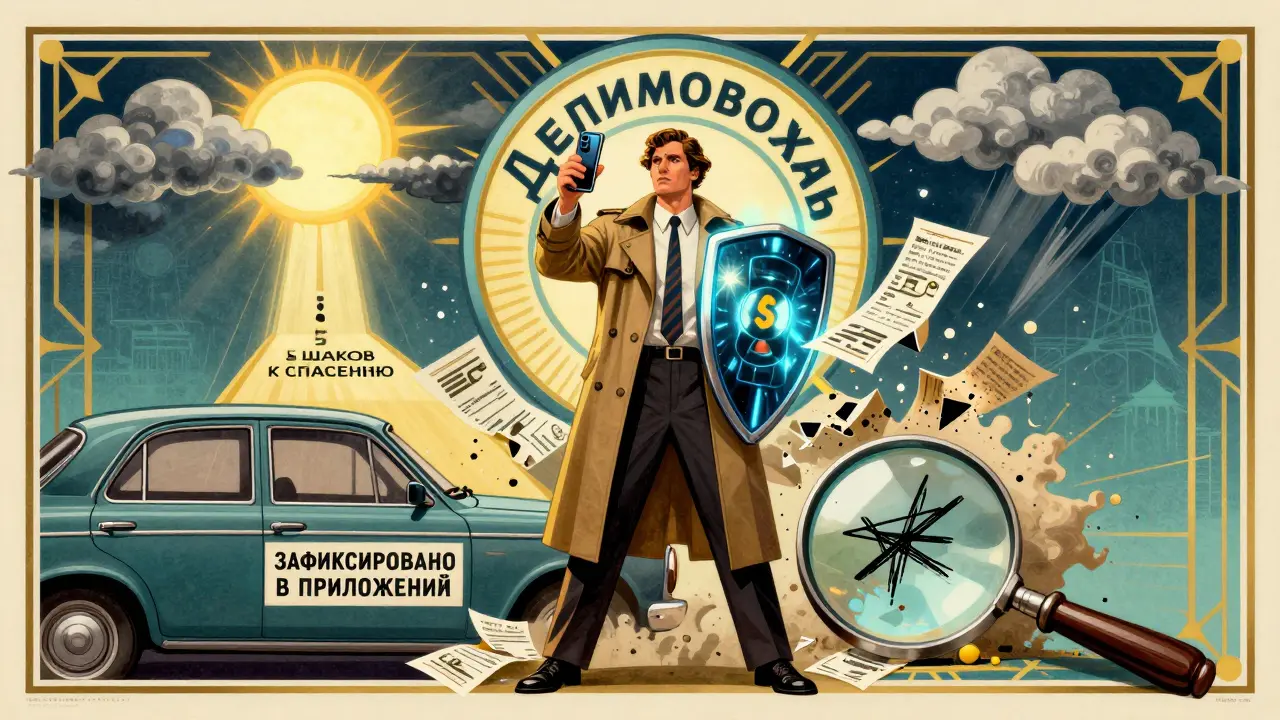 Герой с видео-защитой против корпоративных штрафов, свет пронзает тучи из квитанций, путь к спасению.