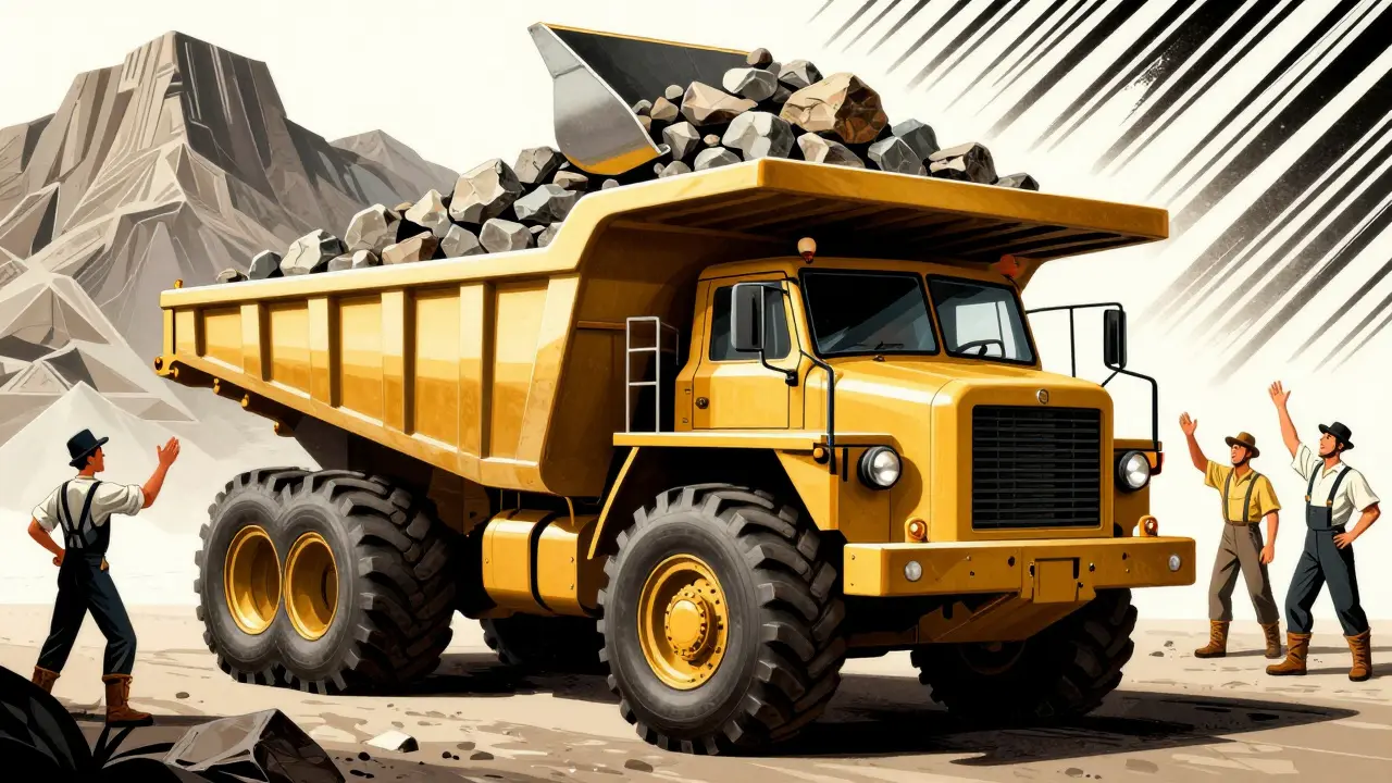 Карьерный самосвал с массивными шинами выгружает щебень в стиле ар-деко.