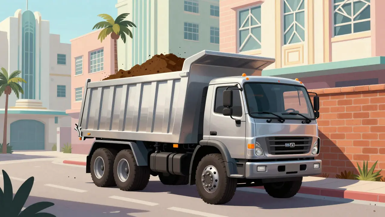 Компактный самосвал с боковой разгрузкой в узком городском переулке в стиле ар-деко.